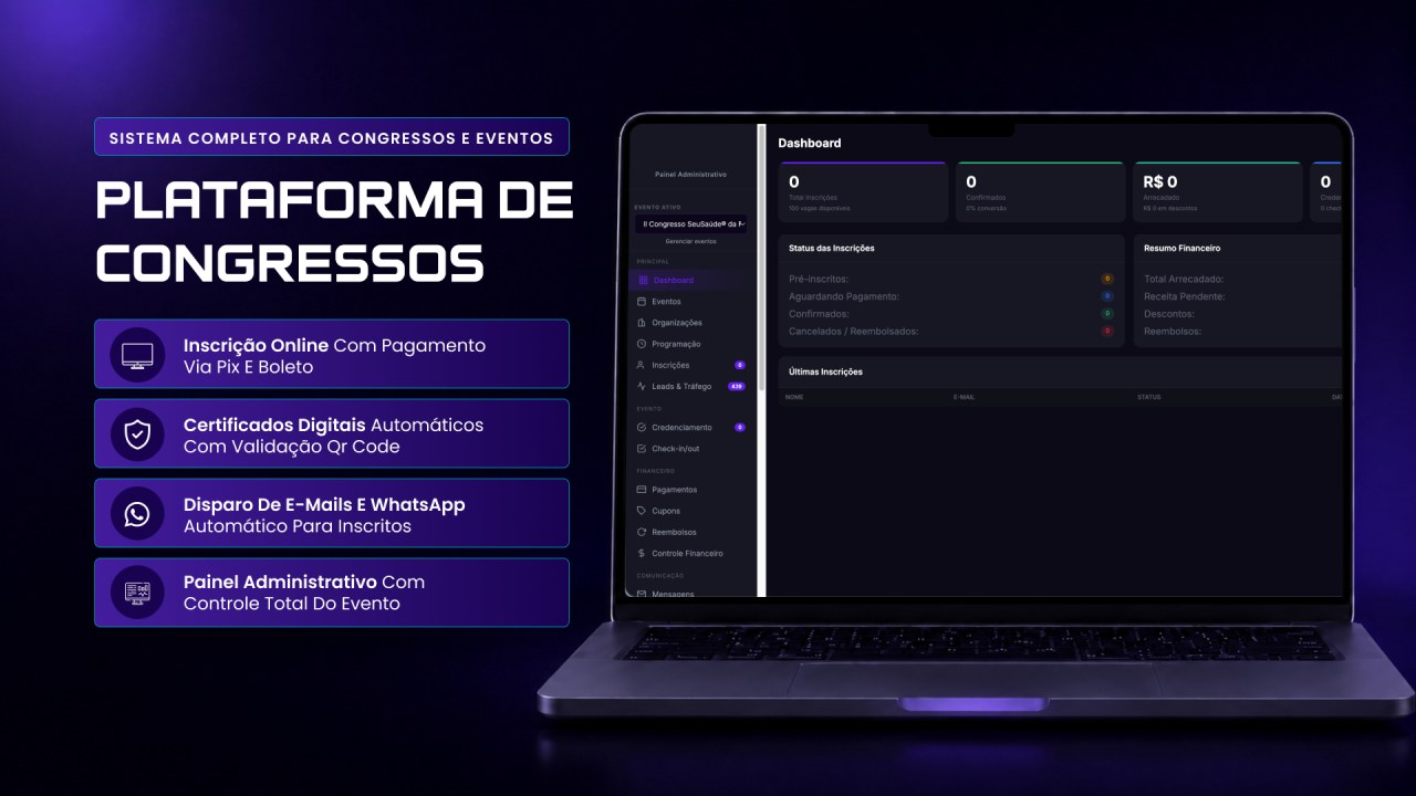 Plataforma de Congressos SeuSaúde: inscrições online com PIX e boleto, certificados digitais com QR Code e painel administrativo