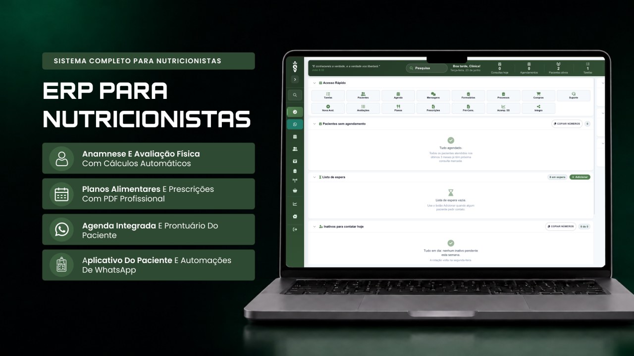 SeuCenoura, o ERP de nutrição: anamnese e avaliação física com cálculos automáticos, planos alimentares, agenda integrada e aplicativo do paciente