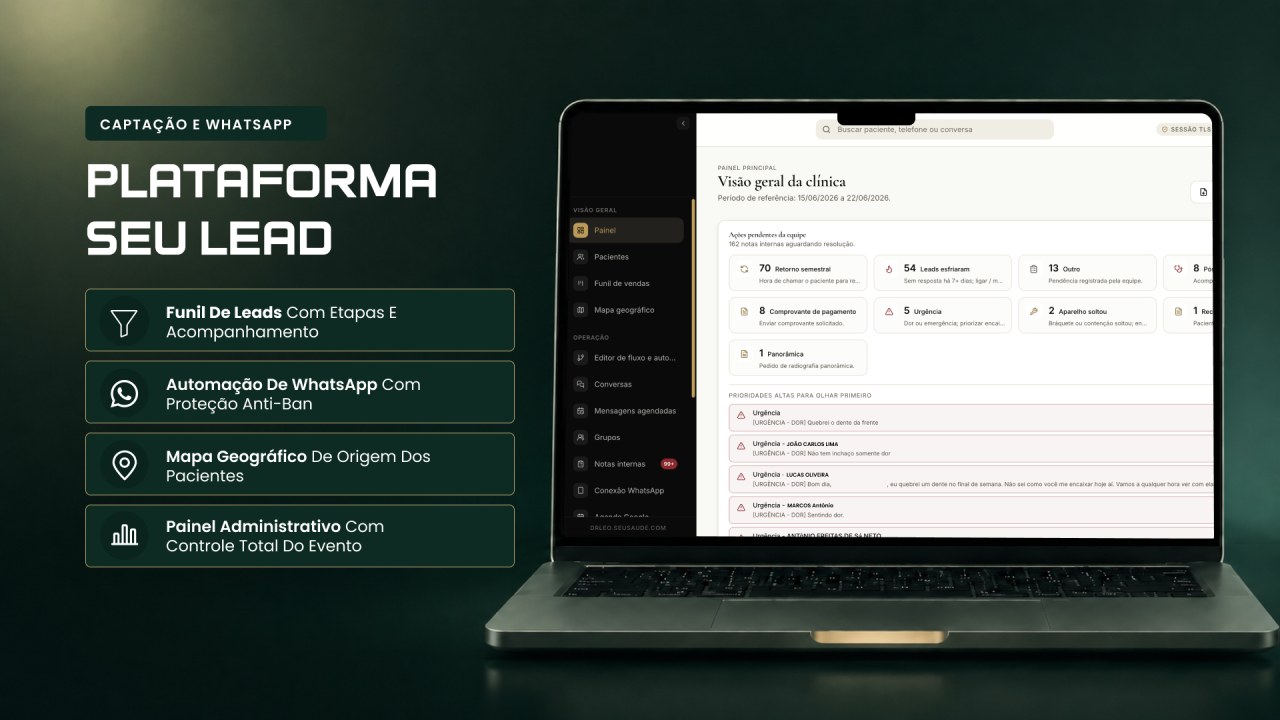 SeuLead: captação e atendimento no WhatsApp com funil de leads, automação anti-ban e mapa geográfico de pacientes