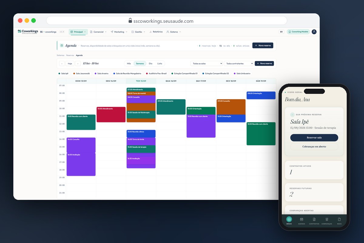 Agenda da semana do TexCoworkings com reservas por sala, e o portal do contratante no celular ao lado