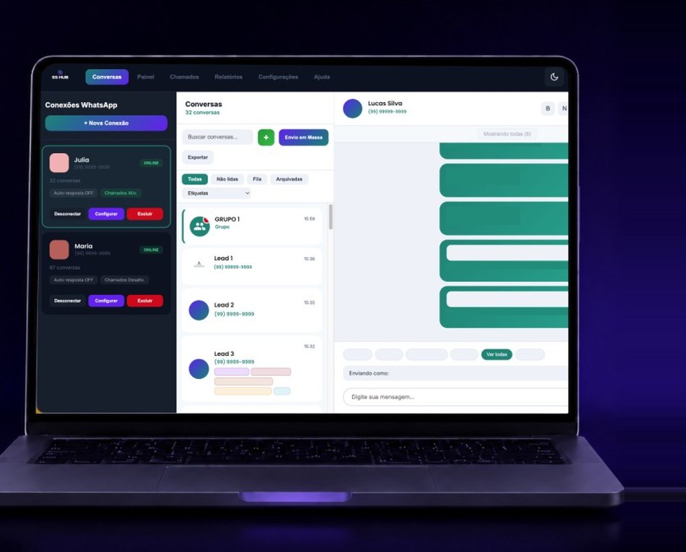 Painel do SSHub: conexões de WhatsApp, fila de conversas por equipe e atendimento em tempo real